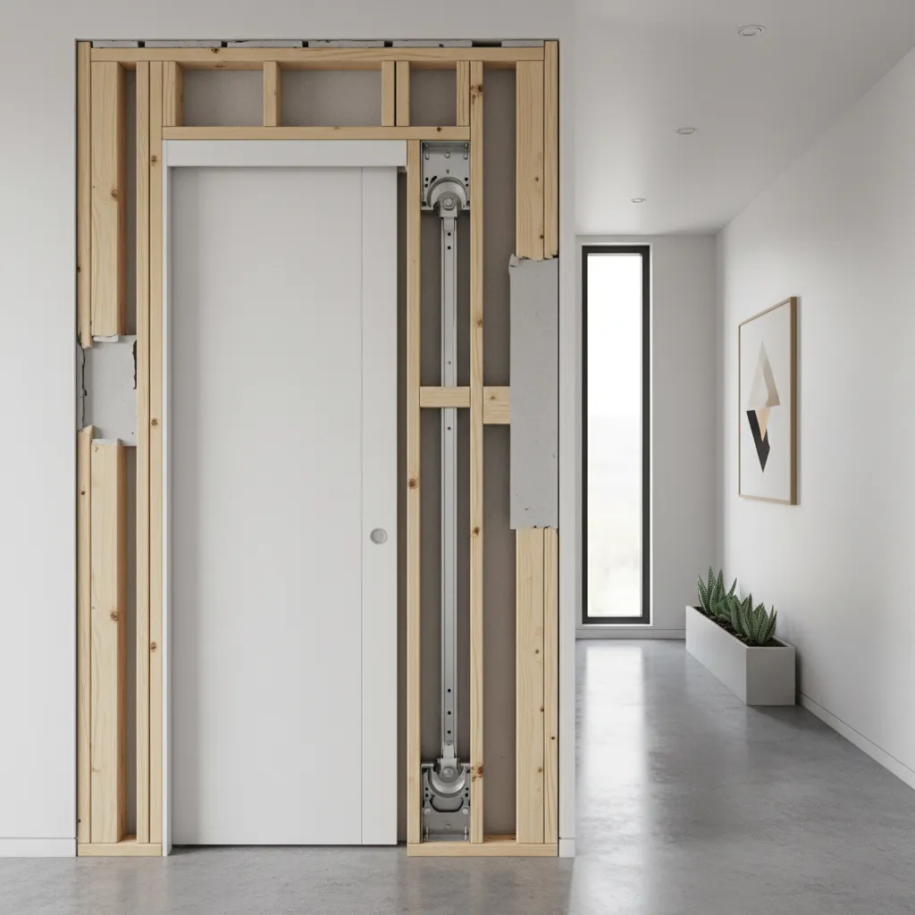 Pocket door sliding into wall cavity showing internal track system