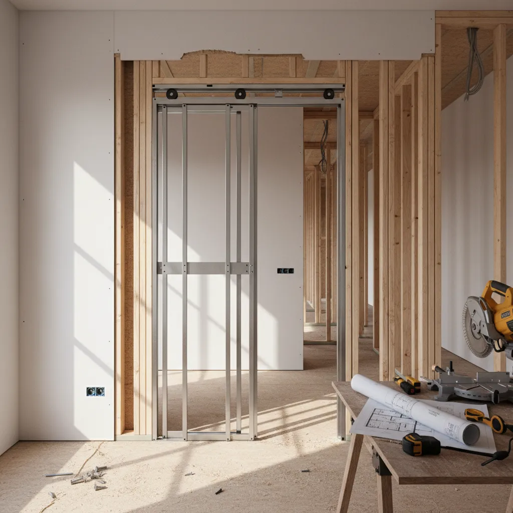 renovation process showing exposed pocket door frame inside wall