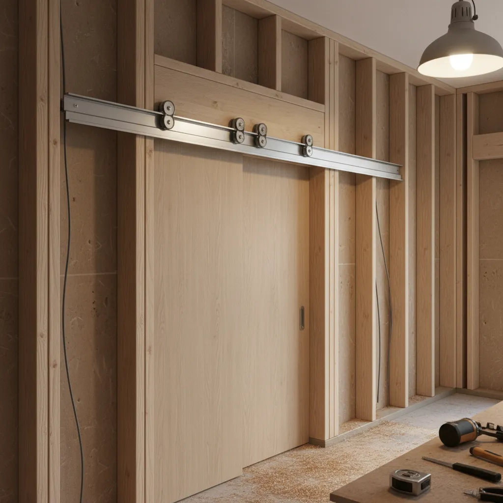 Pocket door track and roller mechanism installed inside wall frame