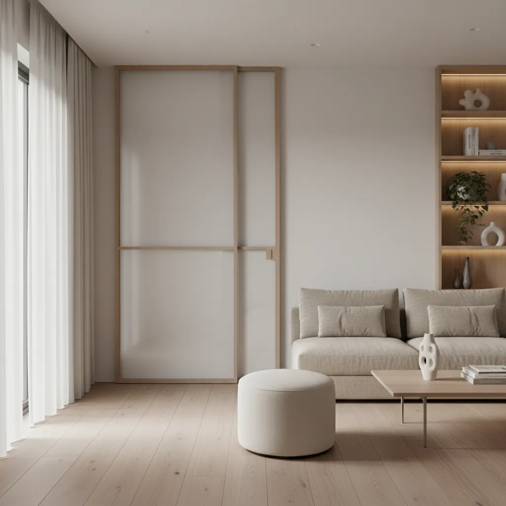 Small apartment living room with pocket door sliding into wall