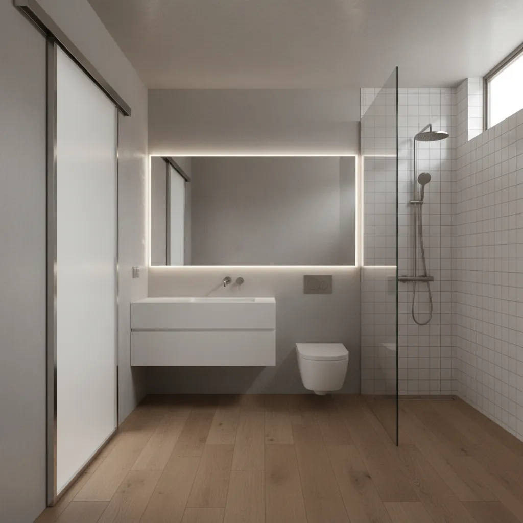 modern small bathroom with pocket door sliding into wall