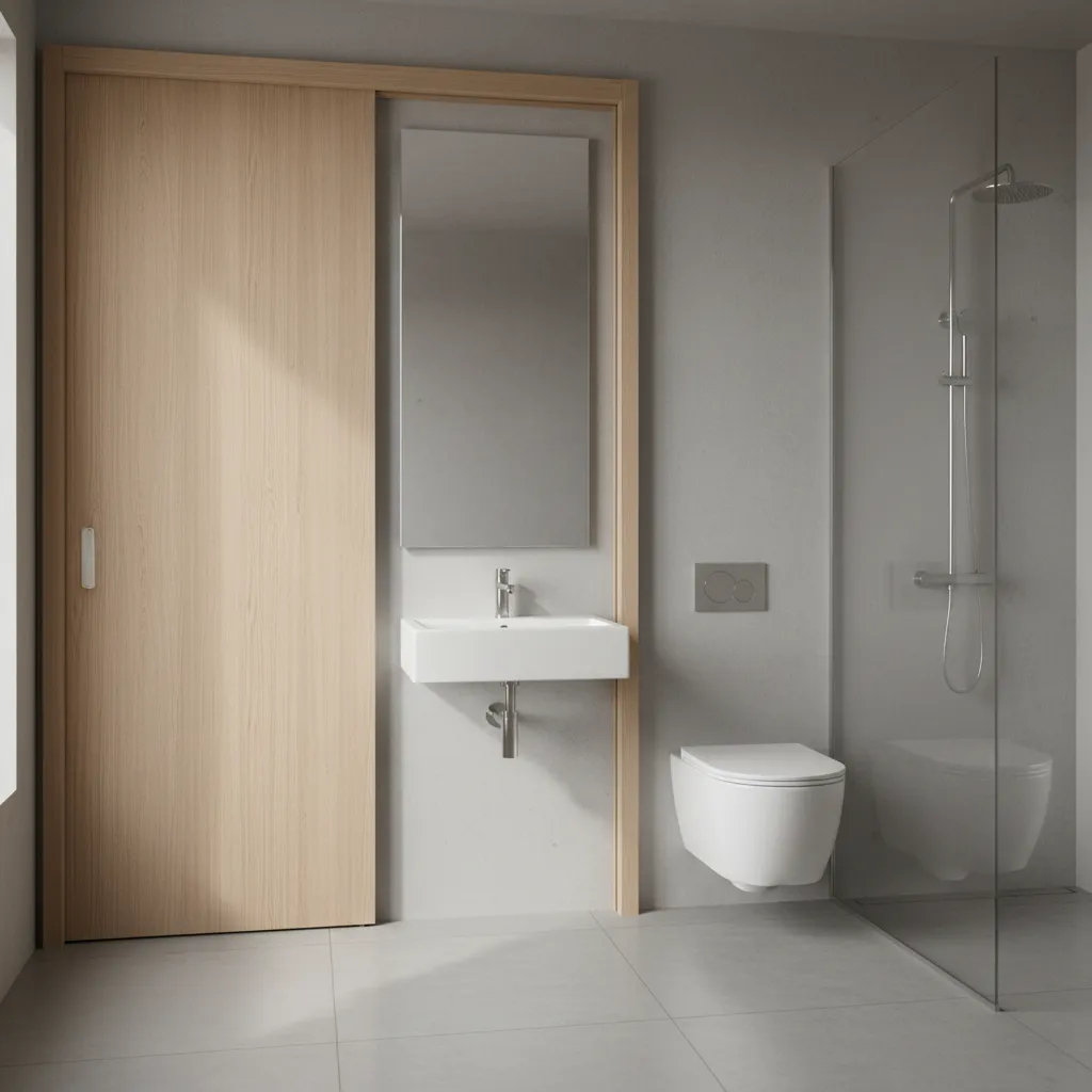 small bathroom with sliding pocket door saving space