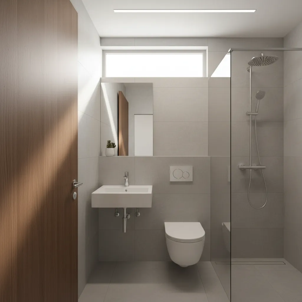Small bathroom with pocket door saving floor space