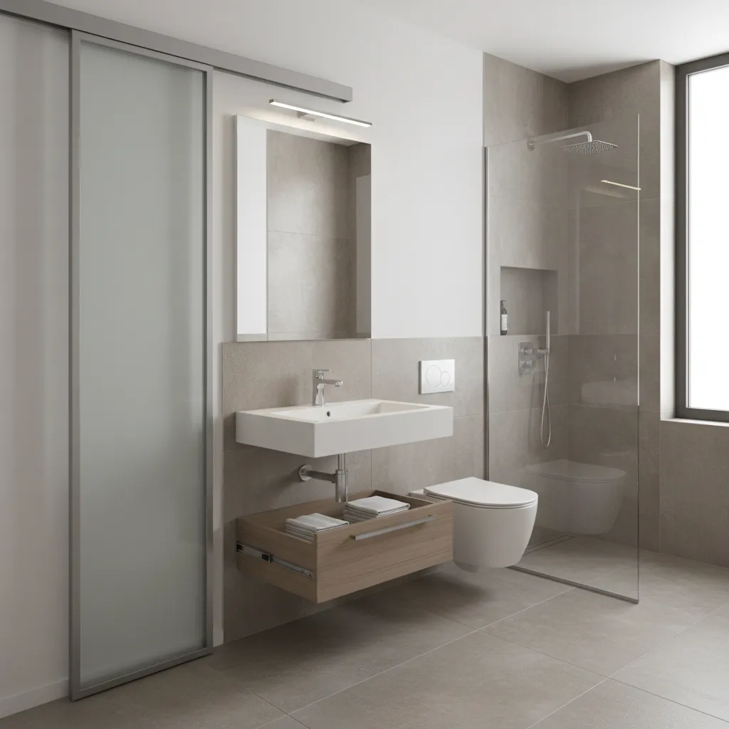 small bathroom layout with pocket door saving swing space