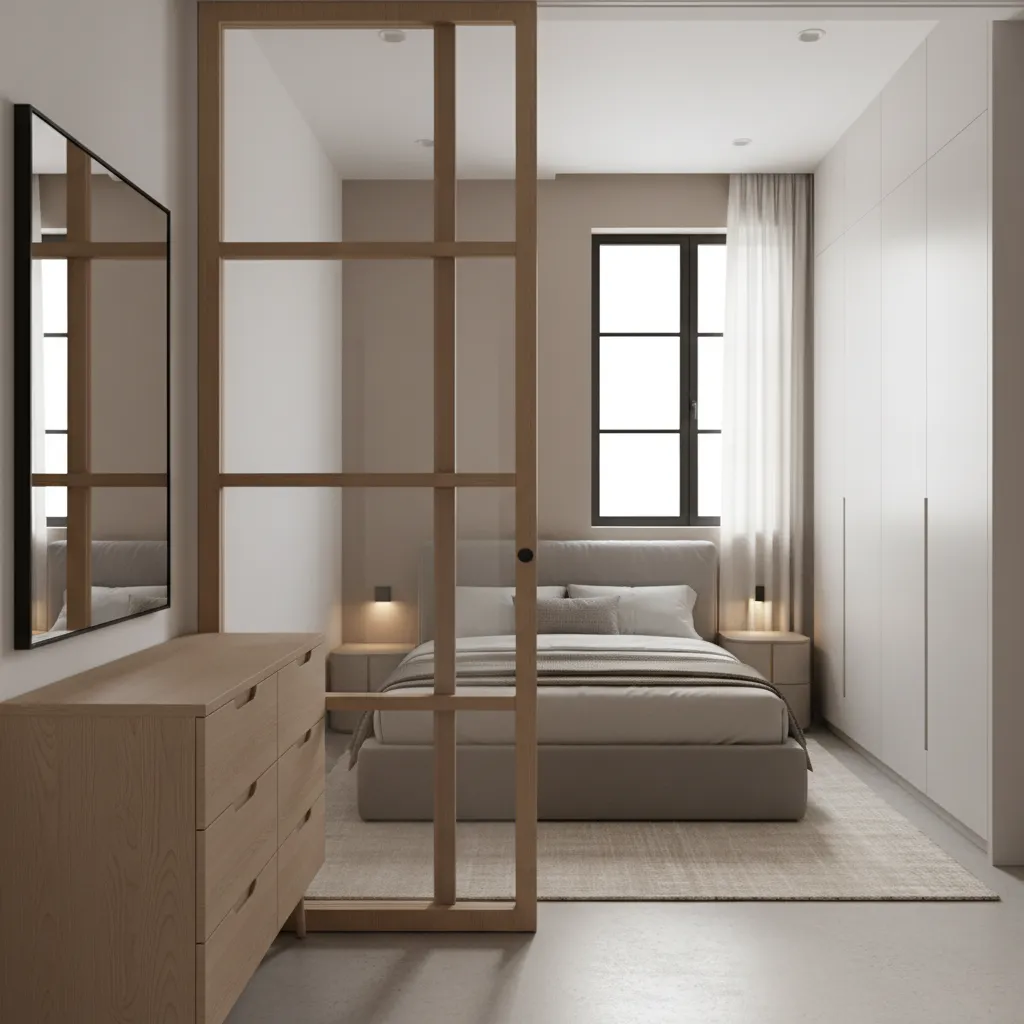 Small room layout showing furniture placed beside pocket door opening