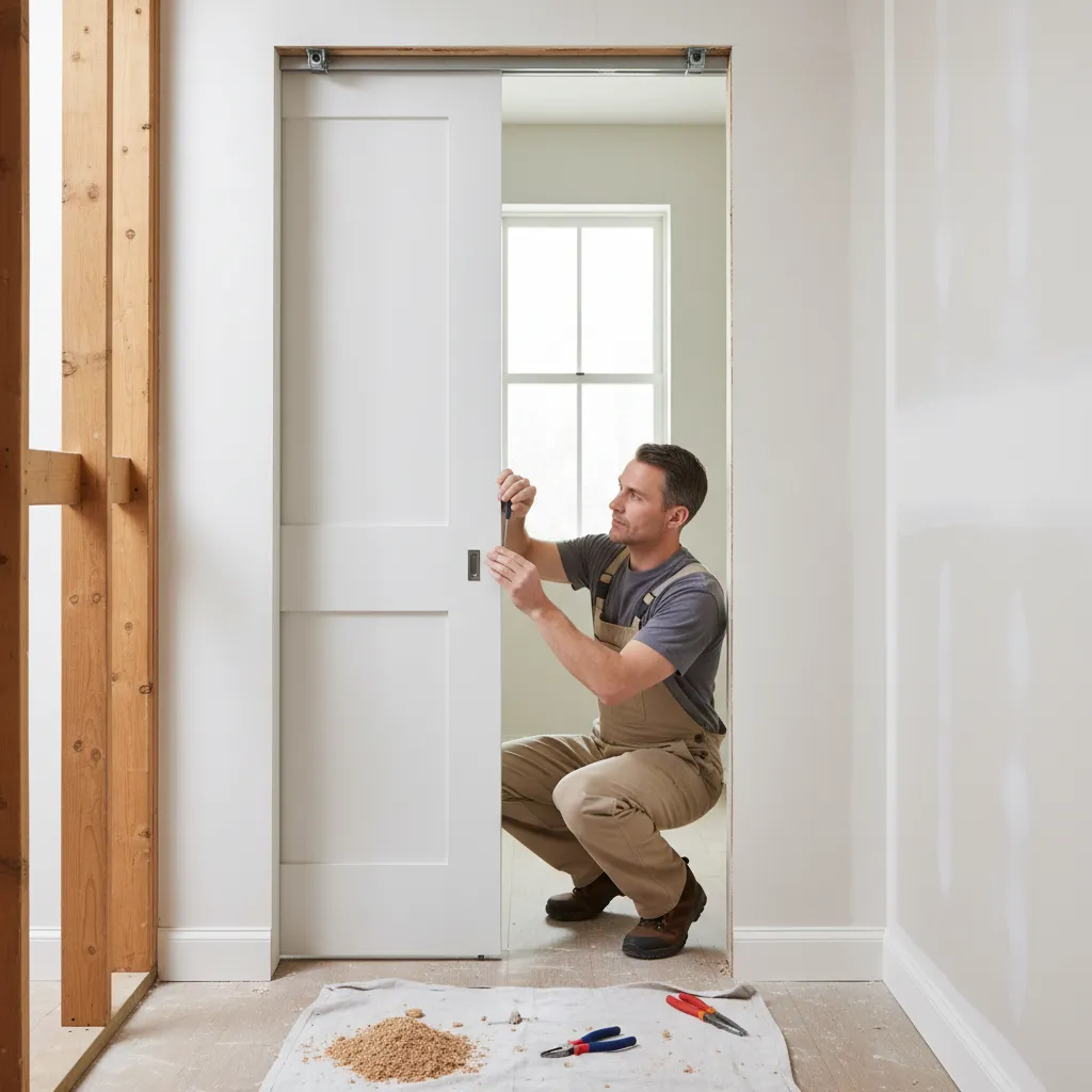 Technician repairing pocket door roller inside wall opening