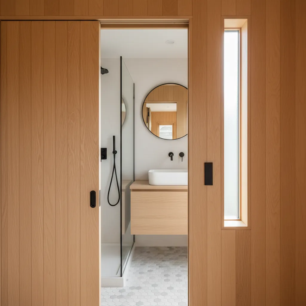 Pocket door system in a tiny home bathroom entrance
