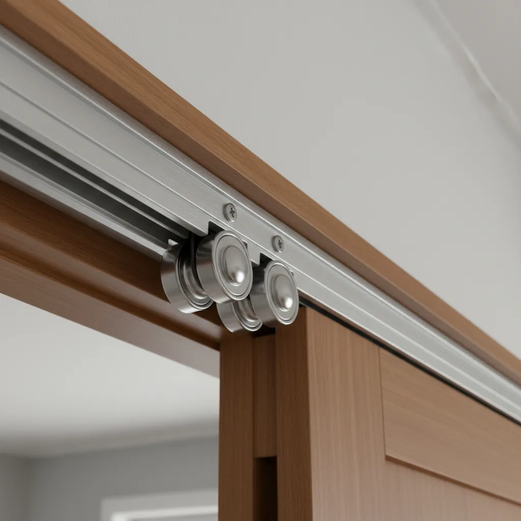 close up of pocket door track and roller hardware