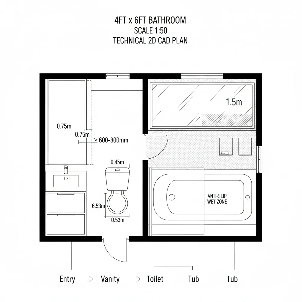 Technical 2D floor plan for a small bathroom featuring a bathtub toilet sink and shower