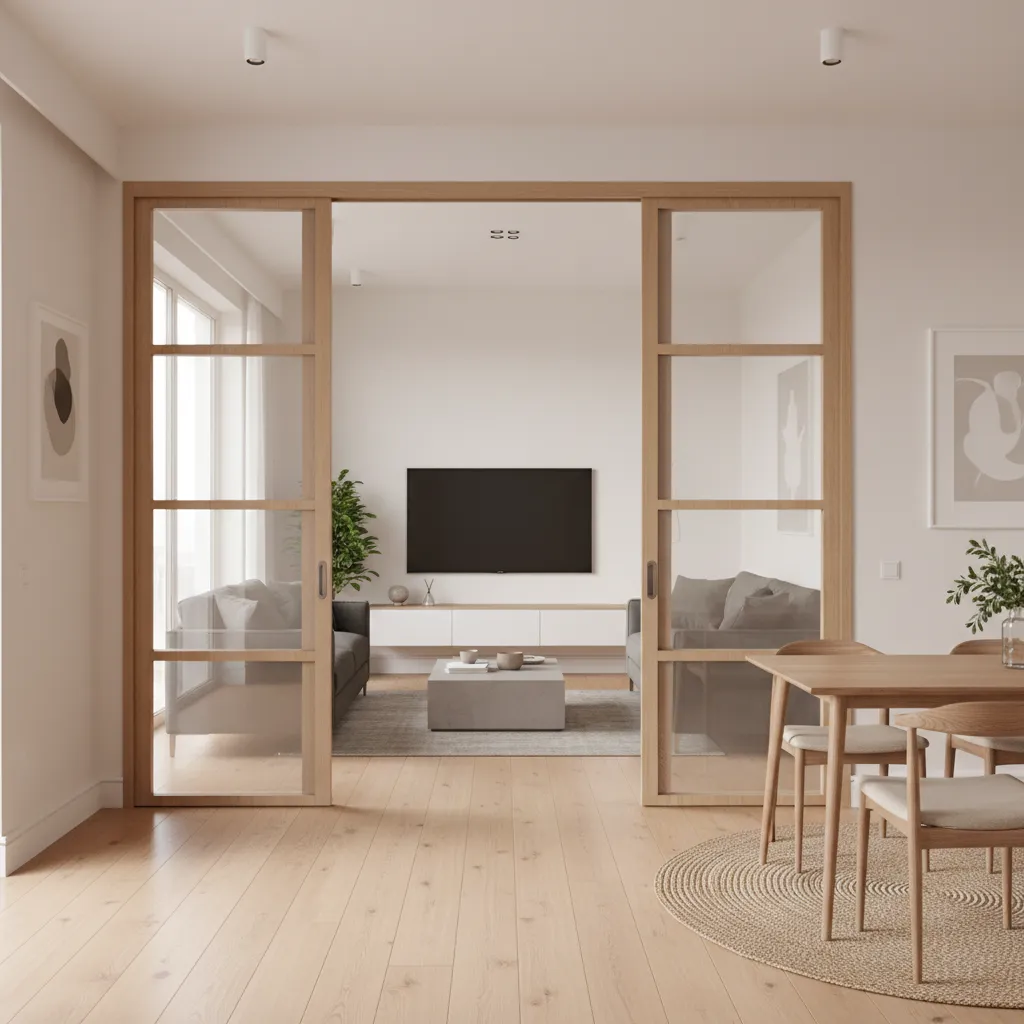 Pocket double doors sliding into wall inside a compact apartment layout