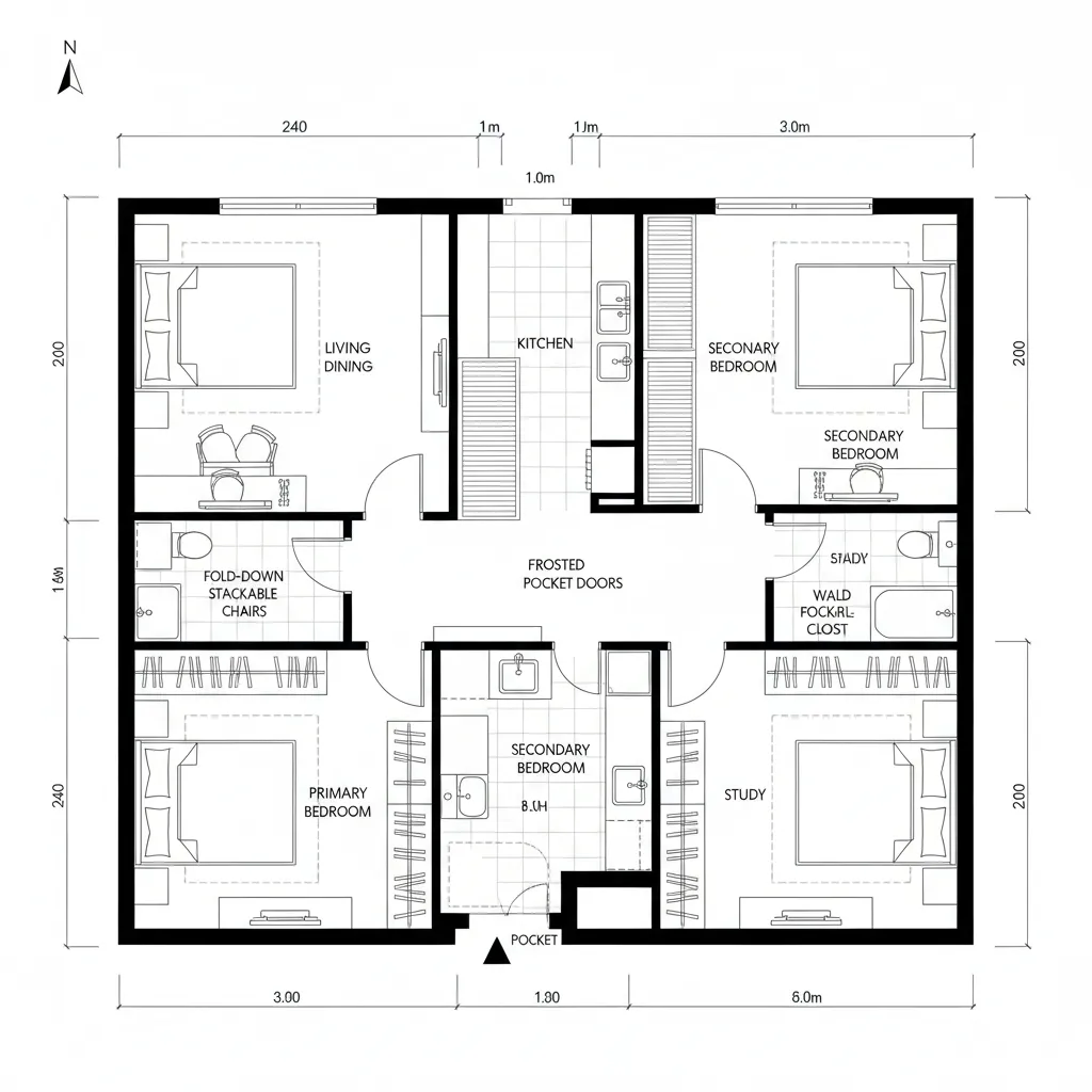 Detailed floor plan drawing with four bedrooms central kitchen area frosted pocket doors and room dimensions