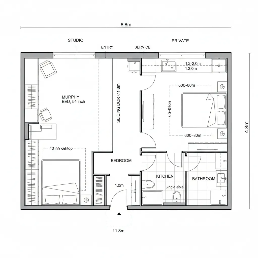 Detailed 2D floor plan of a small studio apartment featuring two beds kitchen and bathroom