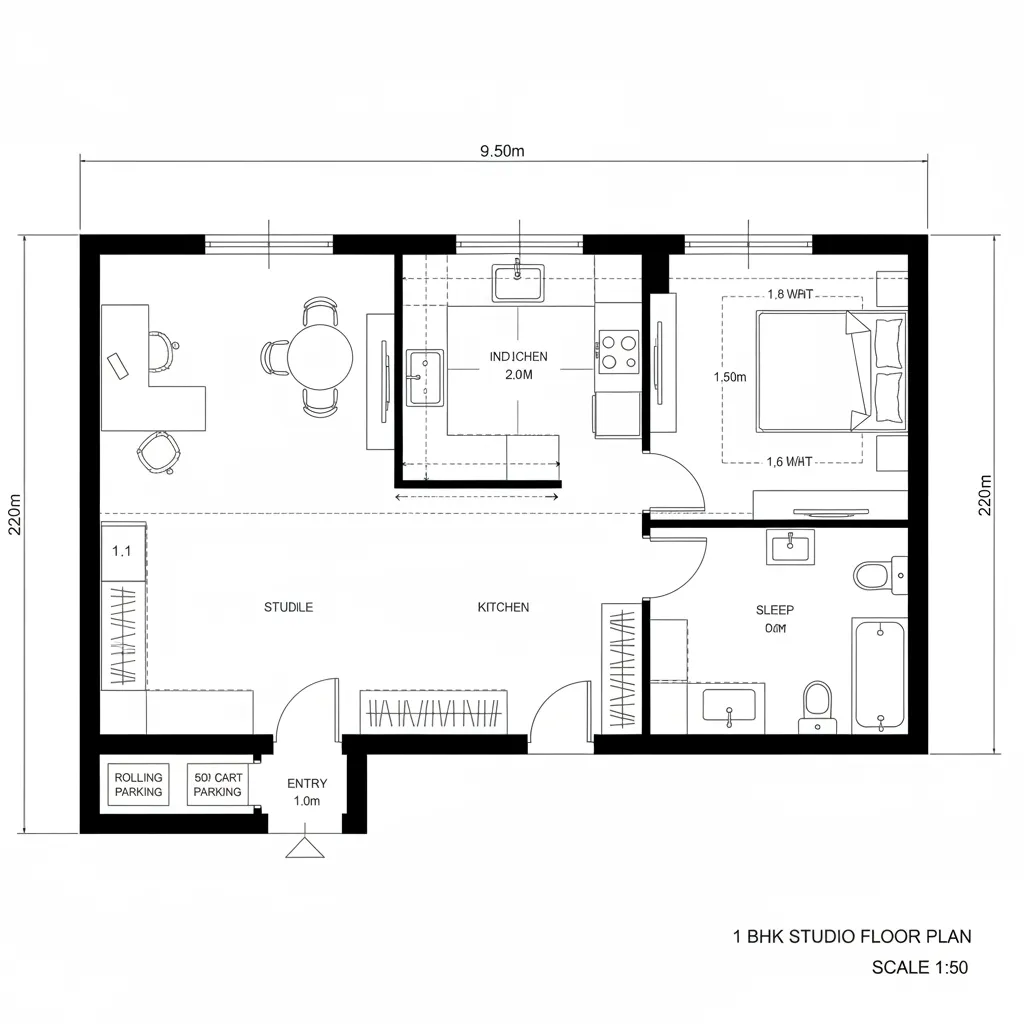 Top-down CAD plan of a studio-like 1 BHK with sliding partitions and a separated sleep pocket