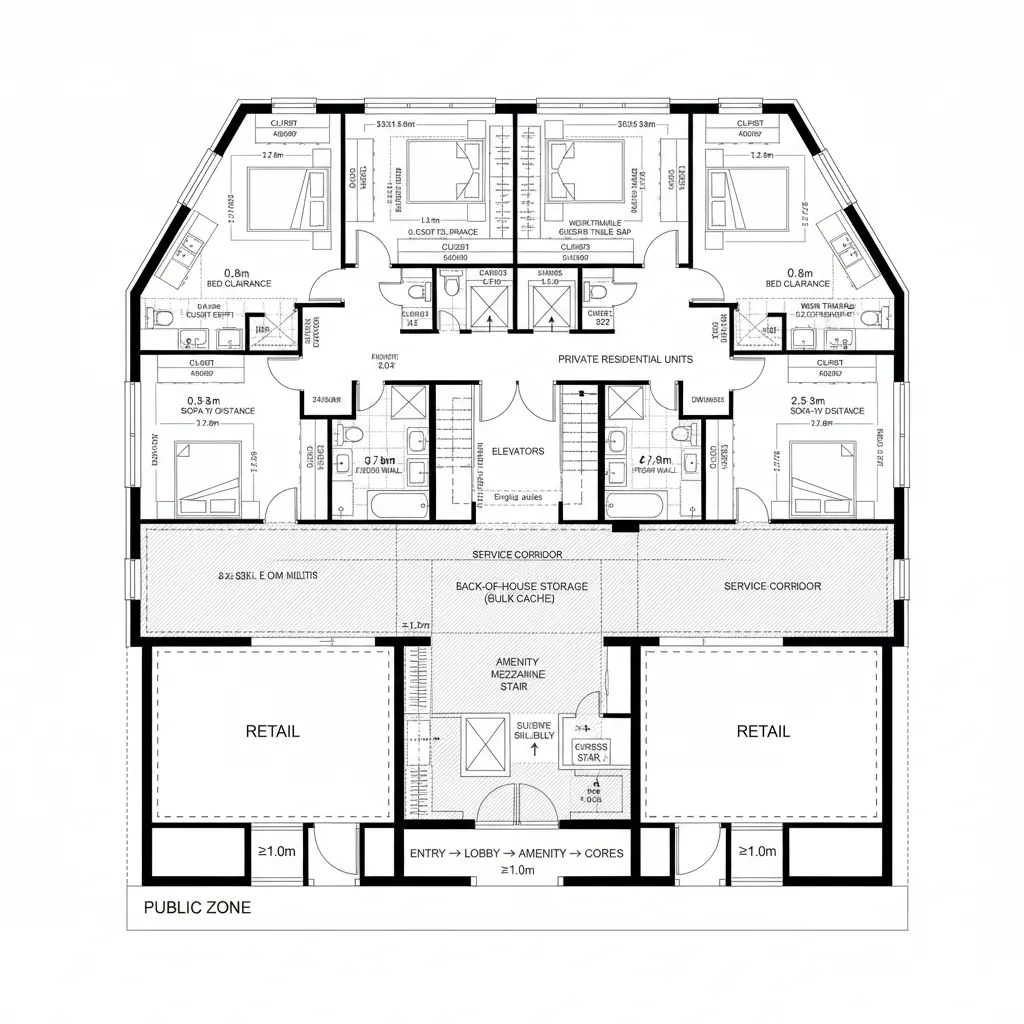 Top-down CAD plan of podium public zones and tower core with residential corridors