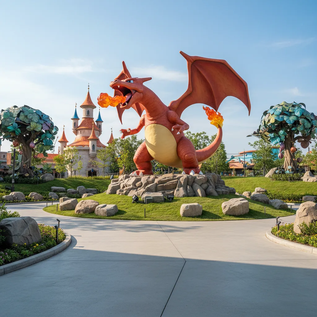 Large Pokémon statue display designed for photo viewing angles in a park