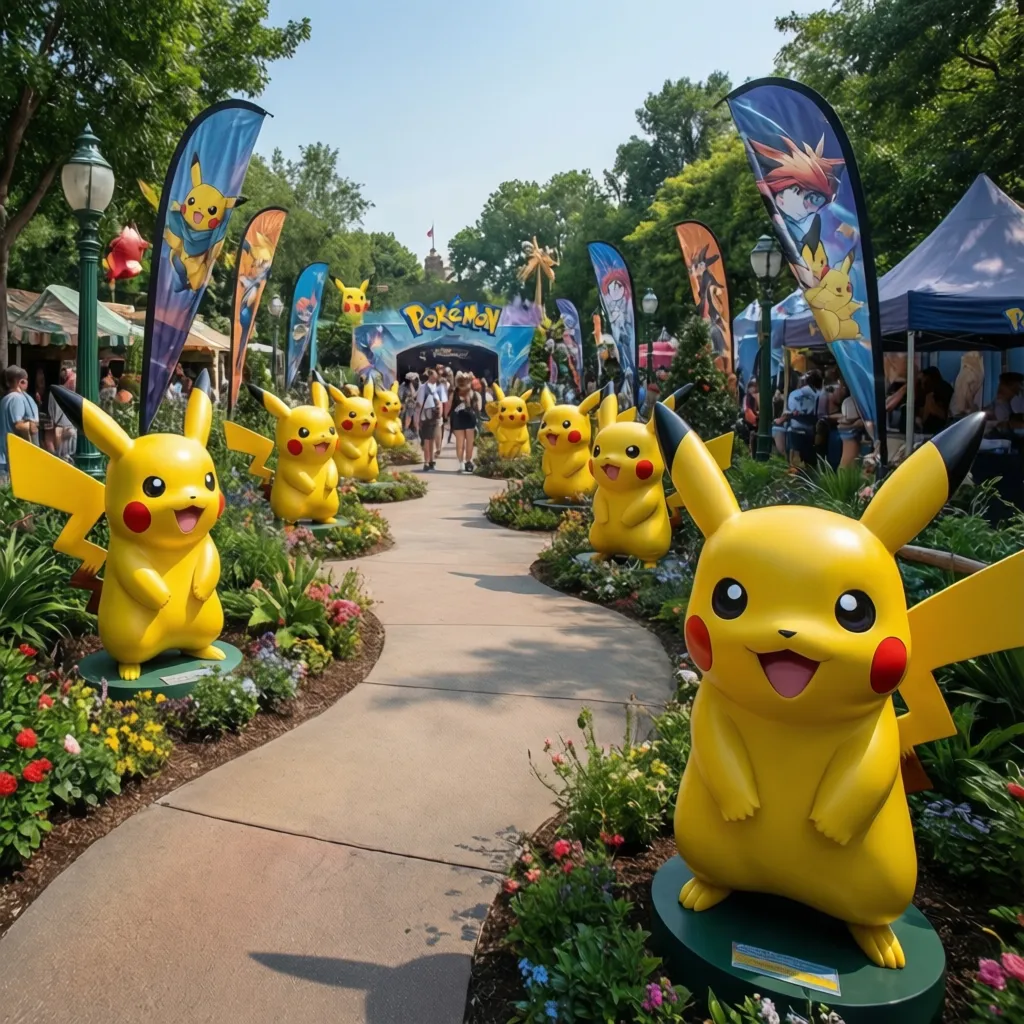 Pokémon festival outdoor installation with Pikachu figures along a themed pathway