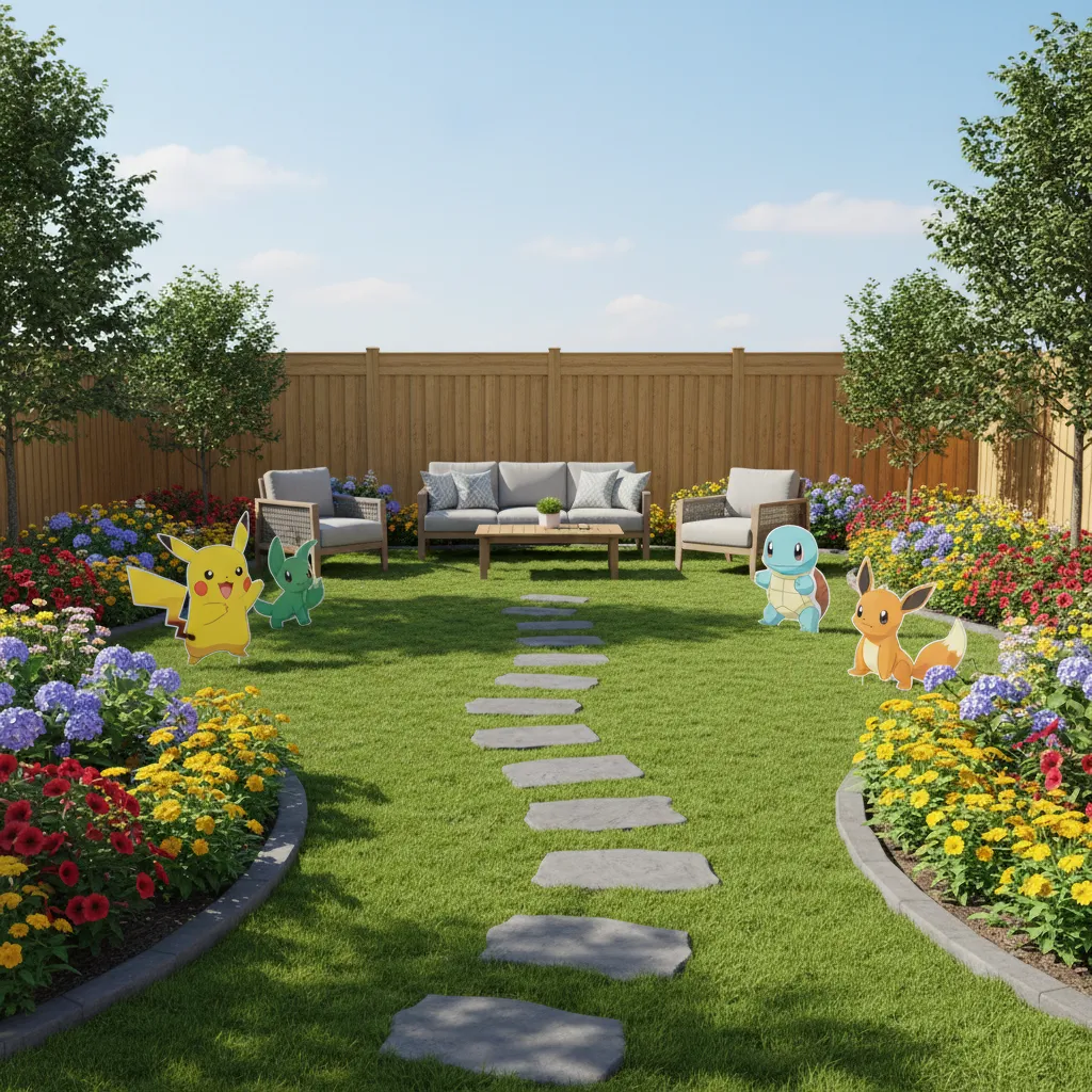 Pokémon themed yard decoration layout with character lawn props and pathway placement