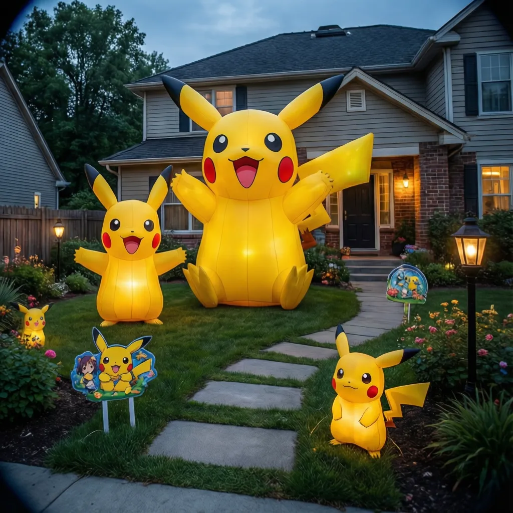 Large inflatable Pokémon decorations displayed in a front yard