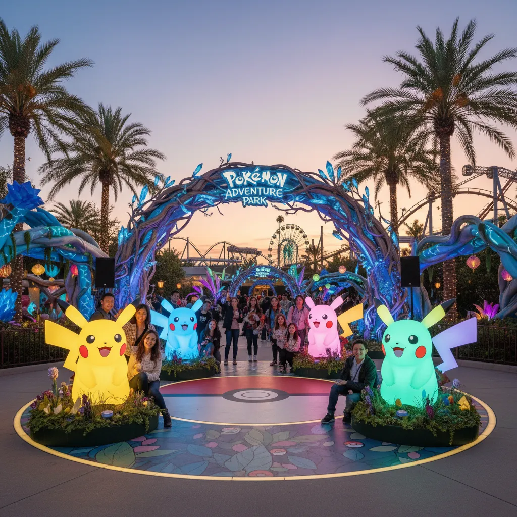 Interactive Pokémon themed outdoor photo zone with lighting effects