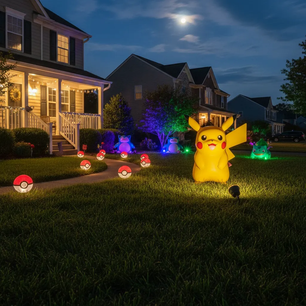 Pokémon outdoor yard decorations illuminated with colorful LED lighting at night