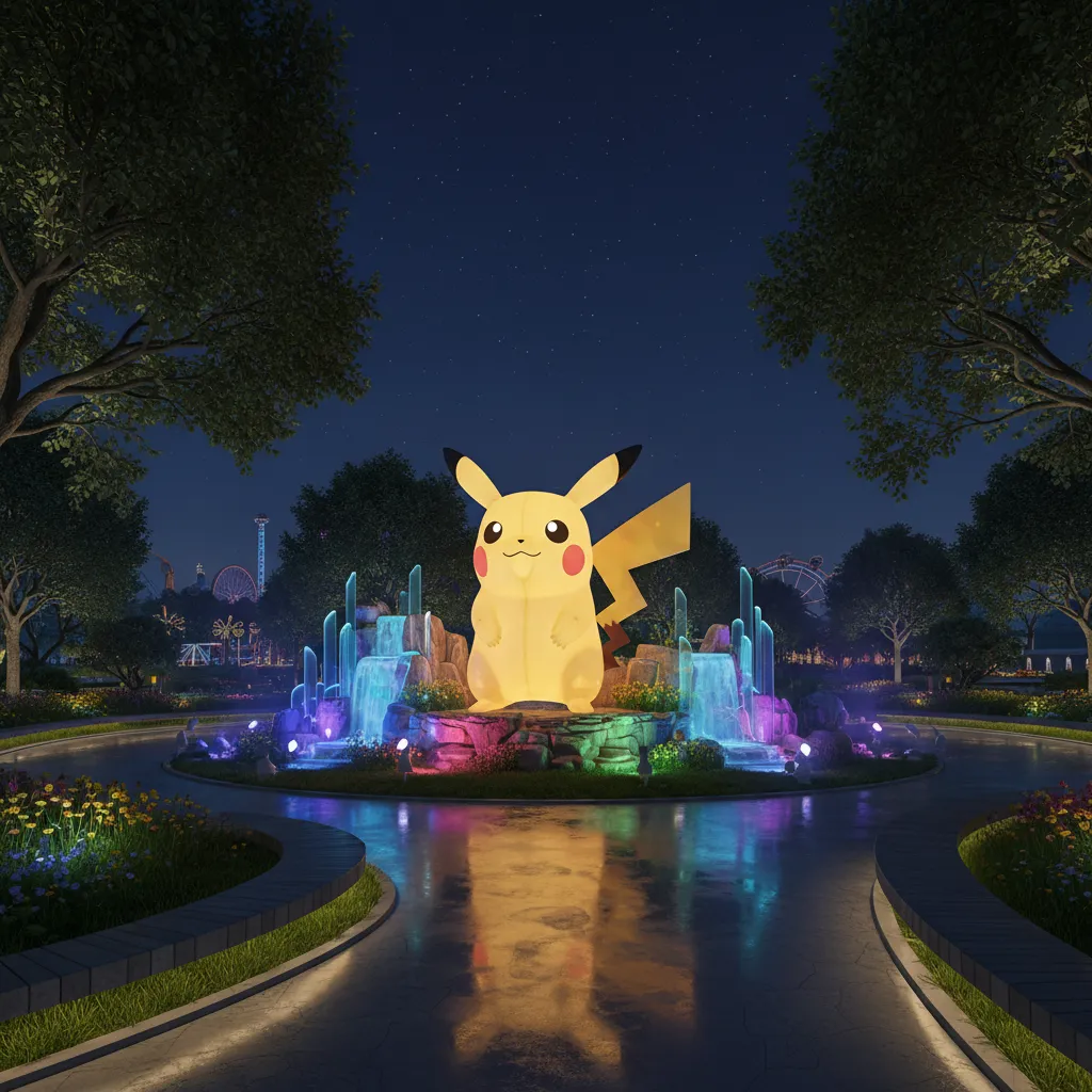 Pokémon outdoor installation illuminated with colorful lighting at night