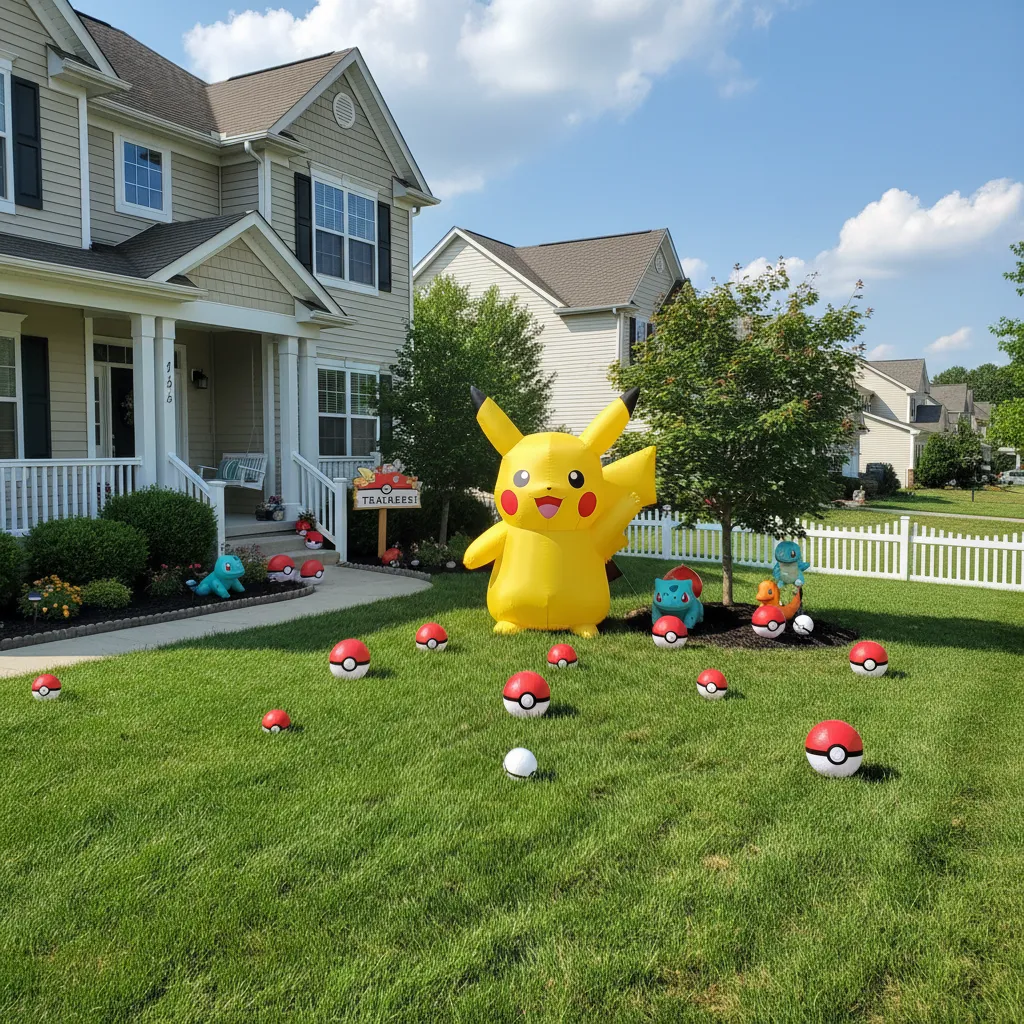 Front yard decorated with Pokémon figures and garden decorations