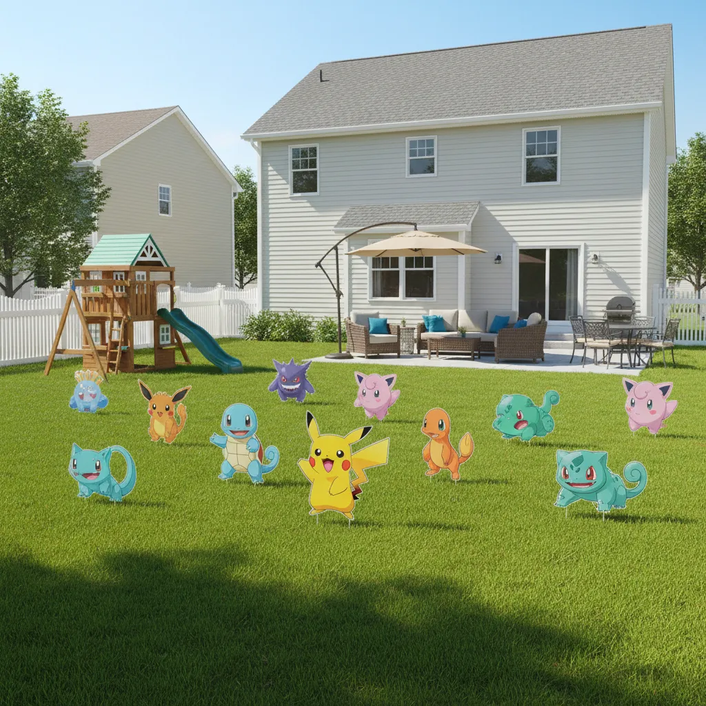 Pokémon themed outdoor lawn decorations arranged in a backyard display