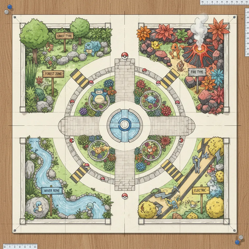 Top view layout plan of Pokémon themed outdoor yard decoration zones