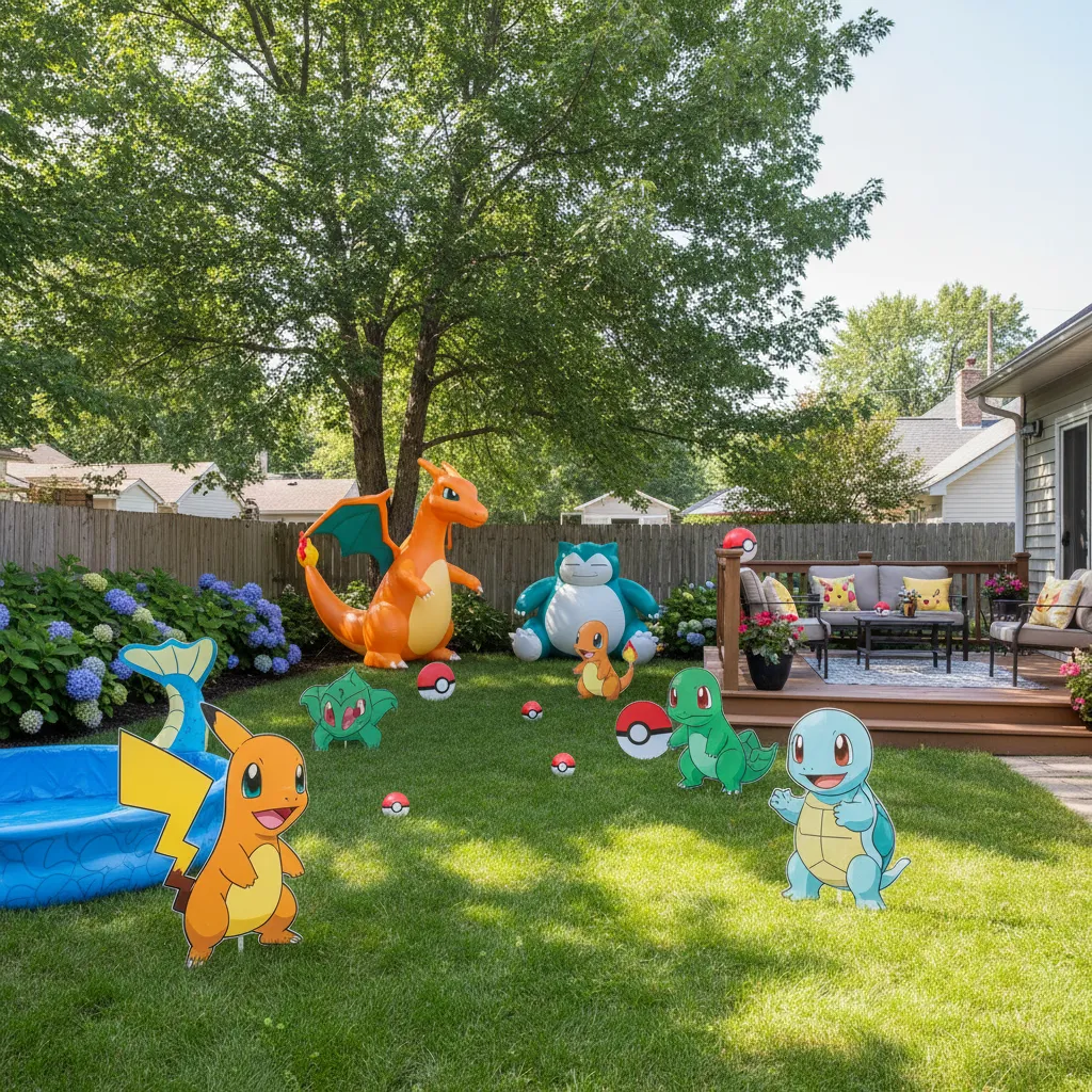 Pokémon themed backyard decorations with character cutouts and inflatables