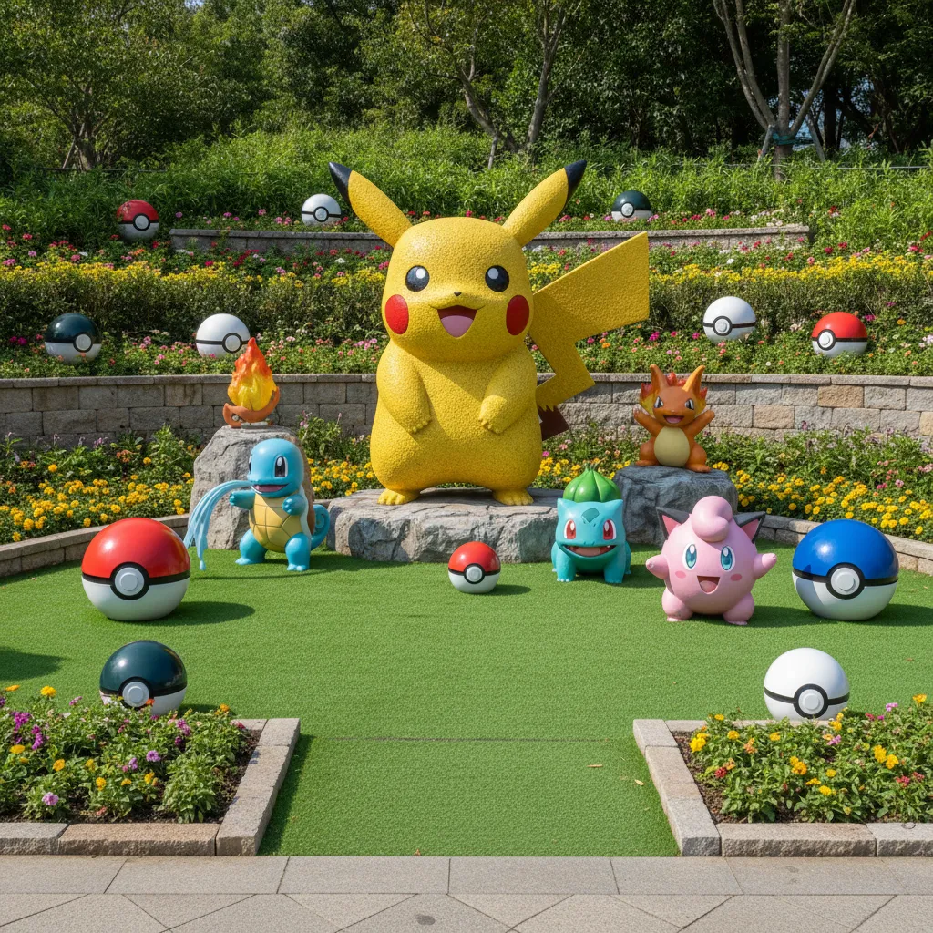 Balanced Pokémon yard display with large centerpiece and smaller decorations