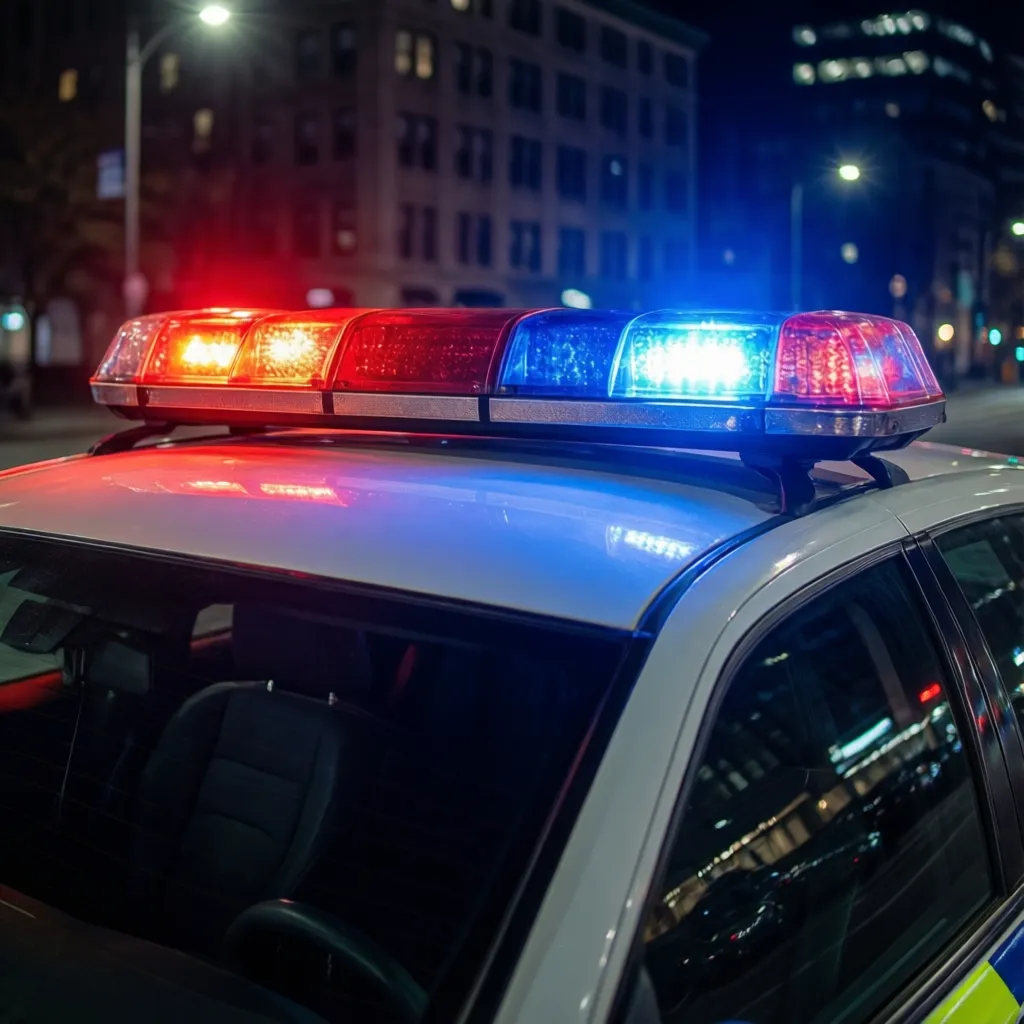 Close view of police car red and blue flashing light bar