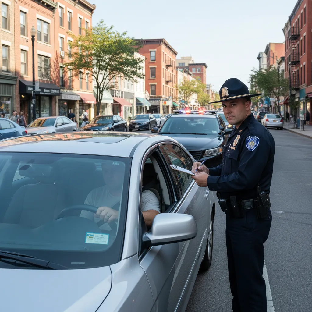 Police officer speaking with driver during roadside traffic stop after red light violation