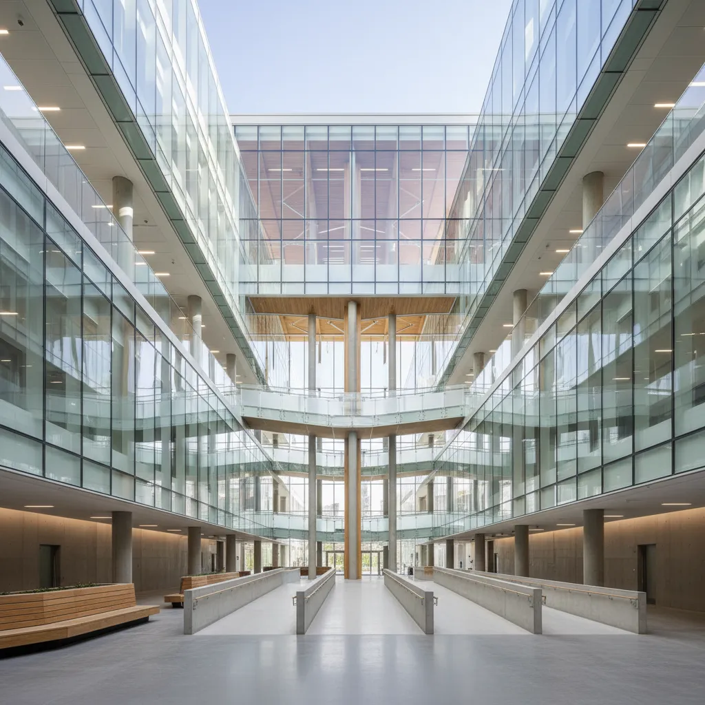 Modern building interior with glass walls and large windows showing a bright open multi level space