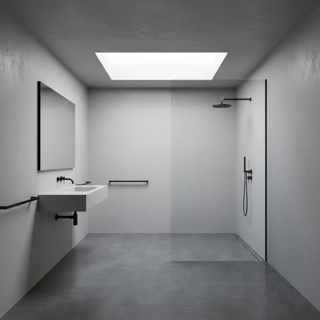 minimalist bathroom with dark polished concrete floor and modern fixtures