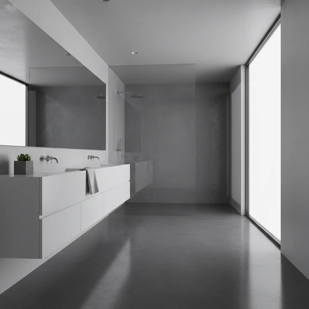 Minimalist bathroom with polished dark grey concrete floor