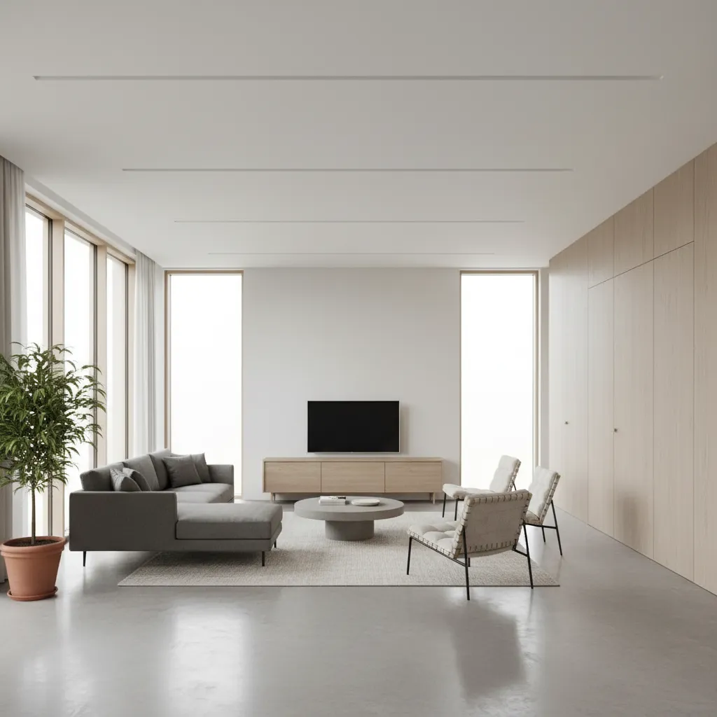 Salón con suelo de hormigón pulido y decoración minimalista