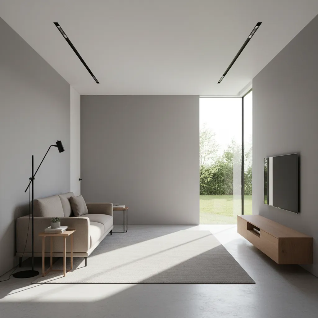 Modern living room with Dulux Polished Pebble grey walls and minimalist decor