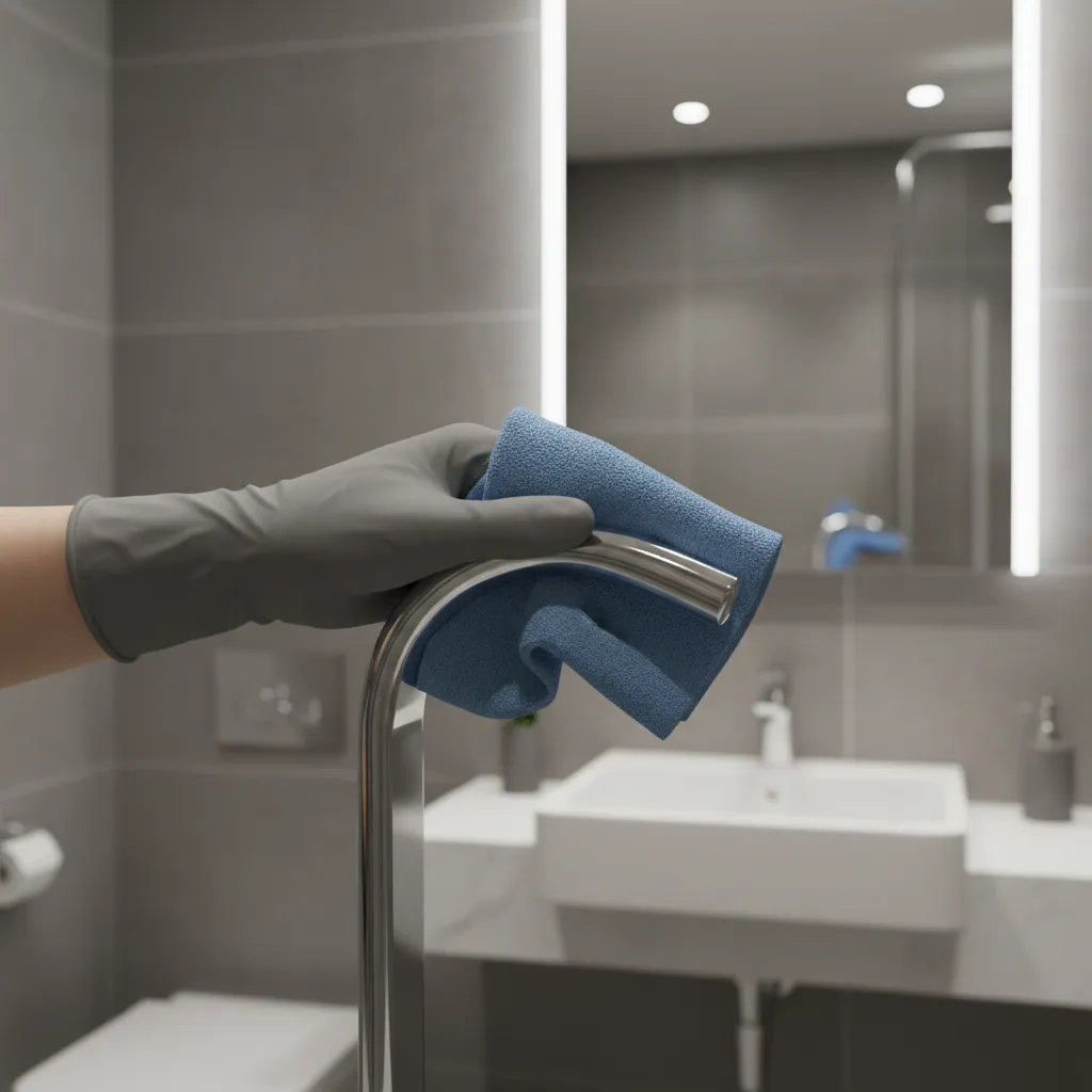 buffing metallic silver bathroom fixture to restore shine