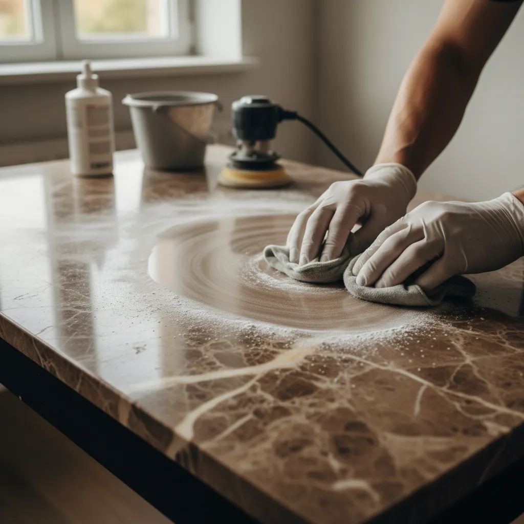 Hands in gloves using soft cloth to polish brown marble table with white cleaning powder