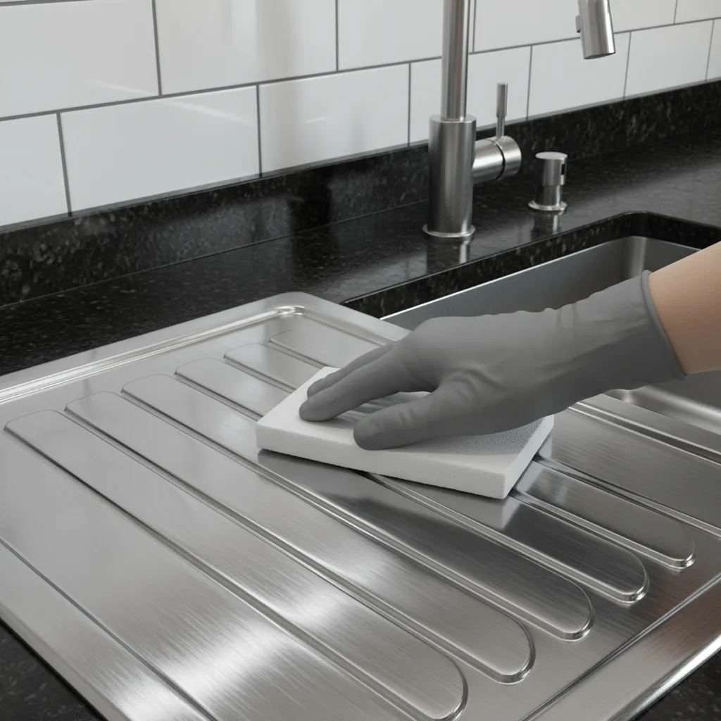 hand polishing stainless steel sink along grain direction
