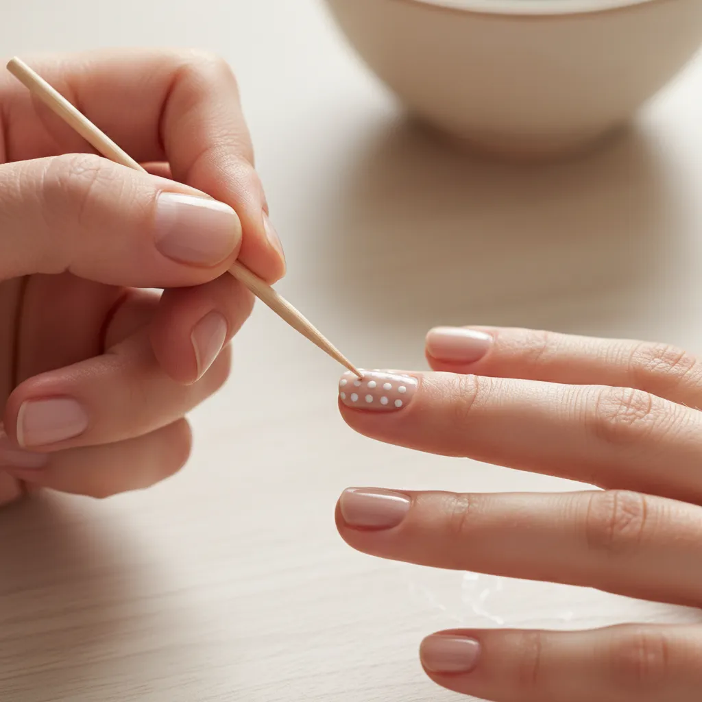Proceso de hacer puntos en uñas con un palillo
