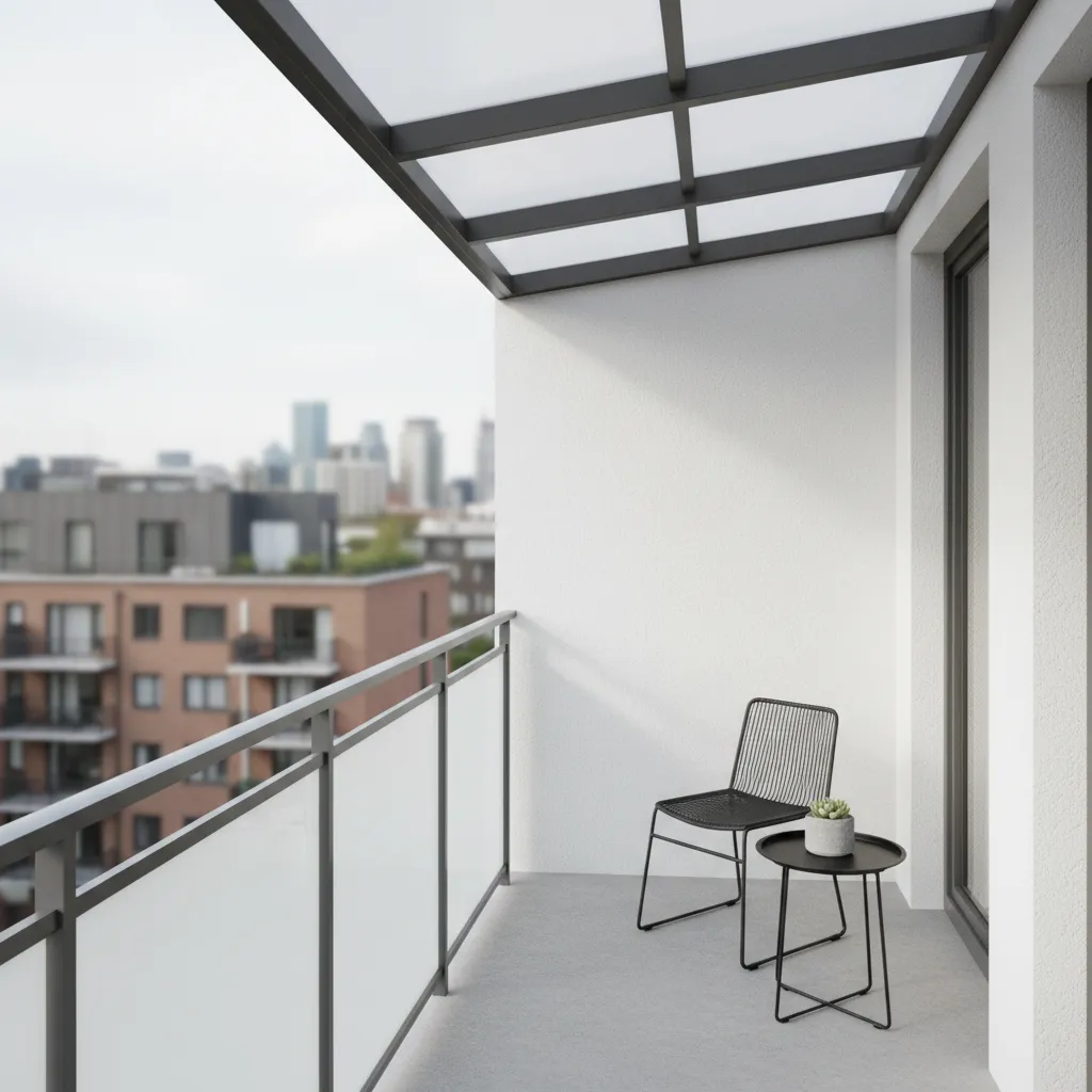 Small balcony with polycarbonate sheet chajja roof allowing diffused sunlight