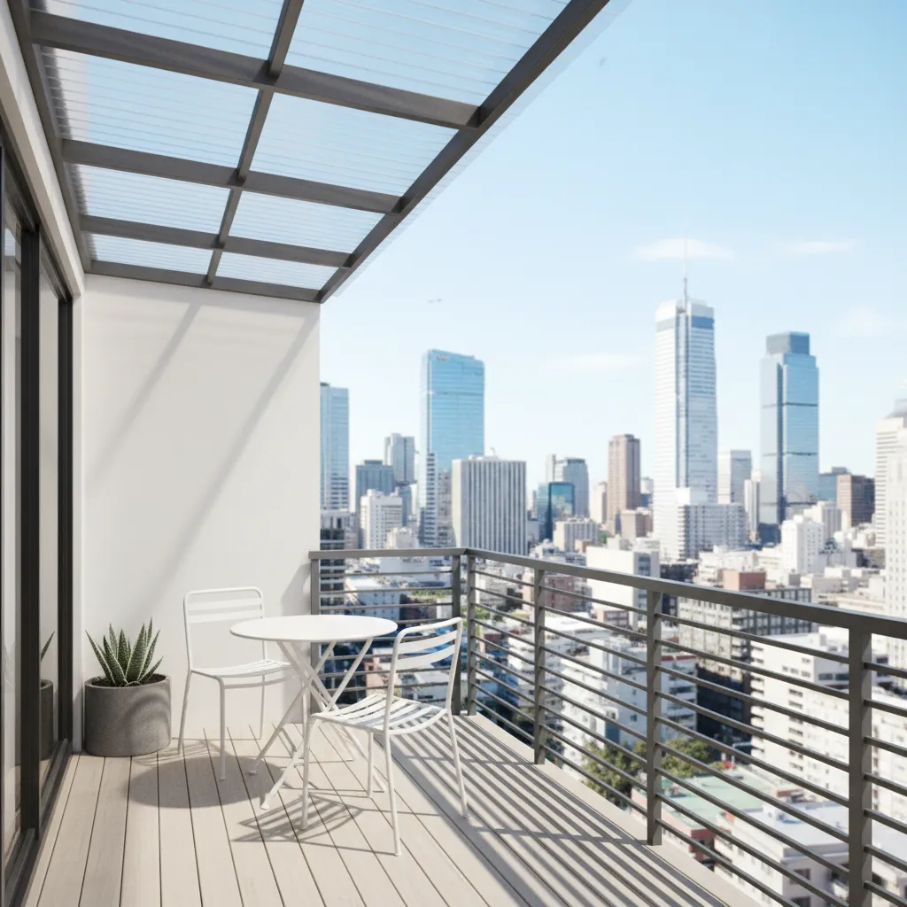 clear polycarbonate roof covering a small apartment balcony