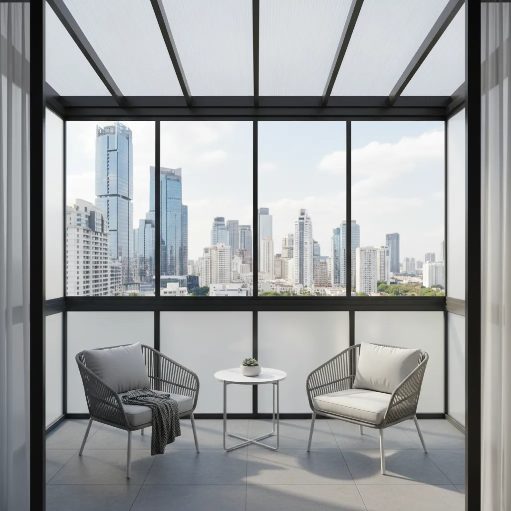 small apartment balcony with transparent polycarbonate roof