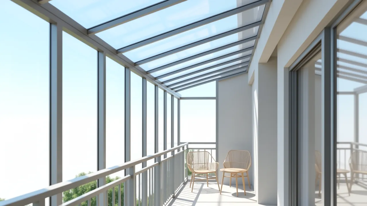 Transparent polycarbonate balcony roof allowing natural light