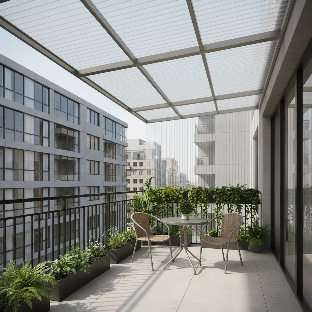 Apartment balcony with polycarbonate sheet roof and aluminium frame