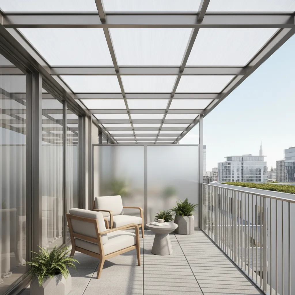 Modern balcony with multiwall polycarbonate roofing panels