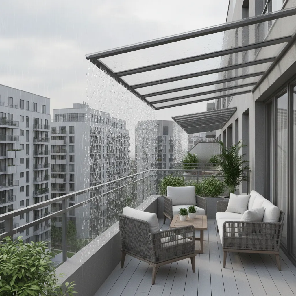 Polycarbonate balcony roof protecting outdoor seating during rain