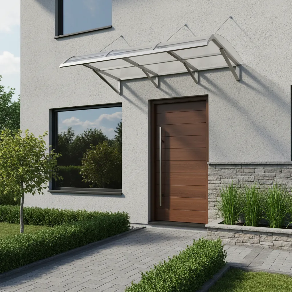 Marquesina de policarbonato transparente sobre puerta de entrada