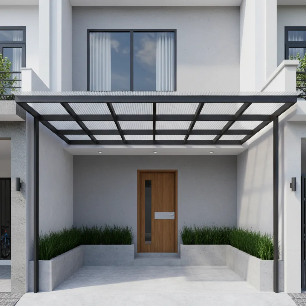 Modern front yard with black metal roof frame and wooden door with green plants in planters